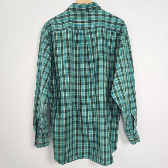 Vtg Cotton Plaid Long Sleeve Collared Button Down Shirt Turquoise Green Yellow - Picture 13 of 16